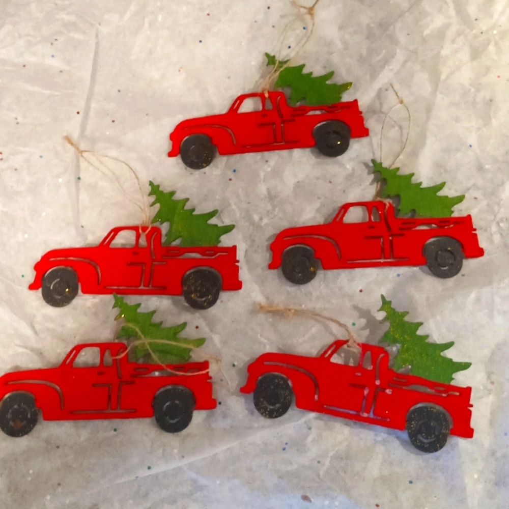 Set of 5 HANDPAINTED RUSTIC TRUCK CHRISTMAS ORNAMENTS